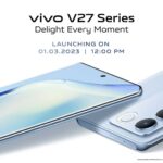 a picture of a phone with the text vivo v7 series delight every moment launching on.